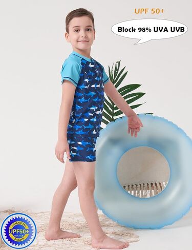 طقم ملابس سباحة Inno Boys مكون من قطعتين من Rash Guard بعامل حماية من الأشعة فوق البنفسجية 50+ مع سروال سباحة، بدلة استحمام للأطفال الصغار إلى الأطفال الكبار (1-12)، أزرق، سحاب، 7-8 سنوات in Kuwait