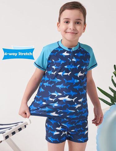 طقم ملابس سباحة Inno Boys مكون من قطعتين من Rash Guard بعامل حماية من الأشعة فوق البنفسجية 50+ مع سروال سباحة، بدلة استحمام للأطفال الصغار إلى الأطفال الكبار (1-12)، أزرق، سحاب، 7-8 سنوات in Kuwait