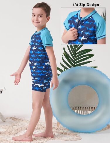 طقم ملابس سباحة Inno Boys مكون من قطعتين من Rash Guard بعامل حماية من الأشعة فوق البنفسجية 50+ مع سروال سباحة، بدلة استحمام للأطفال الصغار إلى الأطفال الكبار (1-12)، أزرق، سحاب، 7-8 سنوات in Kuwait