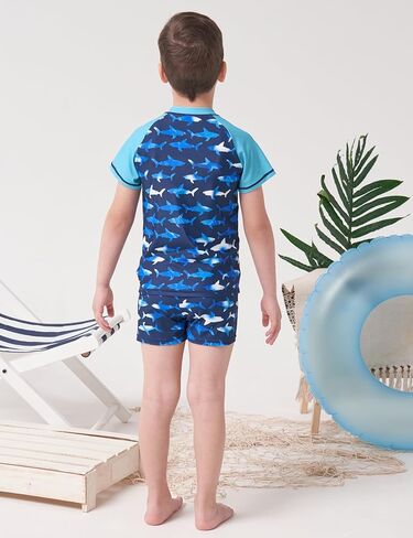 طقم ملابس سباحة Inno Boys مكون من قطعتين من Rash Guard بعامل حماية من الأشعة فوق البنفسجية 50+ مع سروال سباحة، بدلة استحمام للأطفال الصغار إلى الأطفال الكبار (1-12)، أزرق، سحاب، 7-8 سنوات in Kuwait