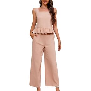 Women's Summer 2 Piece Outfits Crop Tank Top Wide Leg Pants Loose Tracksuits with Pockets S-XL