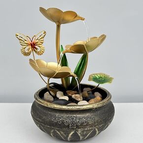 Metal Tabletop Fountain Lotus Leaf Relaxation Fountains Desktop Small Waterfall Fountain Indoor Water Feature Circulating Water Ornaments for Home Office Decor (C)