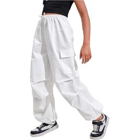 Verdusa Girl's Elastic Waist Cargo Pants Loose Parachute Trousers with Pockets