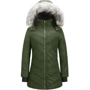 Women's Quilted Puffer Jacket Removable Faux Fur Hooded Long Puffer Coat Lightweight Full-Zip Puffer Jacket