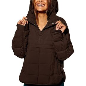 Womens's Lightweight Down Coat Long Sleeve Button Quilted Pullover Puffer Jacket Packable Hooded Winter Coat
