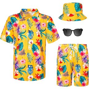 Harloon 4Pcs Men's Hawaiian Shirt and Short Set Casual Button Down Summer Beach Flower Outfits with Bucket Hats Sunglasses