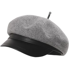 Women PU Visor French Wool Beret Hats - Solid Color Classic Beanie Winter Cap