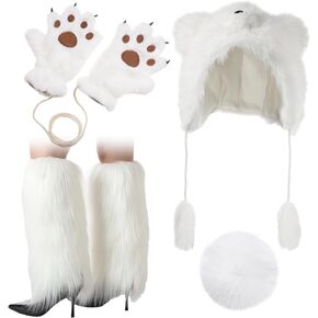 Jecery 4 Pcs Polar Bear Costume Set for Adults Animal Plush Hats White Mittens Paws Gloves Furry Leg Warmer and Plush Bear Tail for Men Women Costume Winter Accessory