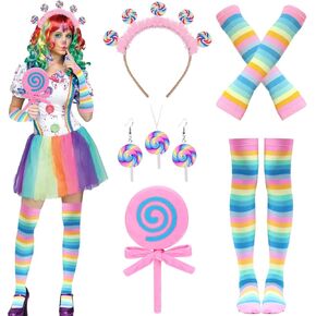 Candy Costume Accessories Candy Headband Sweet Rainbow Necklace Lollipop Earrings Jombo Handheld Candy Gloves Tights for Women Christmas Candy Theme Cosplay Accessories