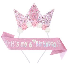 YARIEW 4th Birthday Decorations for Girls, 4th Birthday Headband and Glitter Birthday Sash Kit, Birthday Tiara Flower Princess Crown Headband It's My Birthday Sash Birthday Girl Outfit