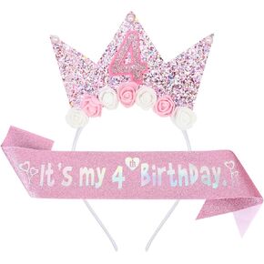 YARIEW 4th Birthday Decorations for Girls, 4th Birthday Headband and Glitter Birthday Sash Kit, Birthday Tiara Flower Princess Crown Headband It's My Birthday Sash Birthday Girl Outfit in Saudi Arabia