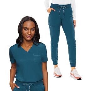 Med Couture Women's Scrub Set with V- Neck Scrub Top MC7448 and 2-Way Stretch Pants 7710, Caribbean - M Top/M Petite Pant