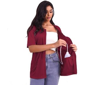 Mastectomy Shirts with Drain Pockets Full Front Zip Short Sleeve Shirts for Women Post Mastectomy Recovery Must Haves