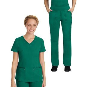 Healing Hands Scrub Set for Women with 7 Pockets, V-Neck Scrub Top 2245 and Knit Waistband Scrub Pant 9133, Hunter- M Top/M Pant