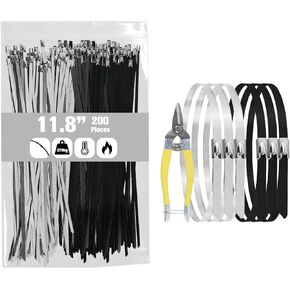200pcs Metal Zip Ties, 18in/450mm Stainless Steel Zip Ties Heavy Duty for Vehicles, Pipes, Farms, and Outdoor (black 100 pcs and silvery 100 pcs)