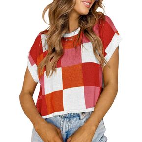 Arssm Cap Sleeve Sweater Vest Women Color Block Knit Crop Tops Crew Neck Loose Fit Casual Summer Going Out Outfits
