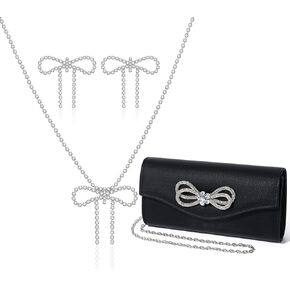 Elegant Rhinestone Bow Event Bundle: Shiny Crystal Bow Flap Clutch Evening Purse Silver Bow Choker Necklace & Earrings Set for Weddings Bridesmaids Parties Proms and Formal Events