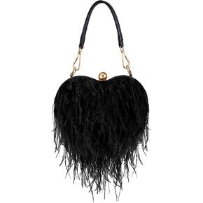 Fabbay Women Ostrich Feather Tote Bag Heart Shaped Fluffy Purse Clutch Feather Purse Feather Evening Handbag for Wedding Party(Black)