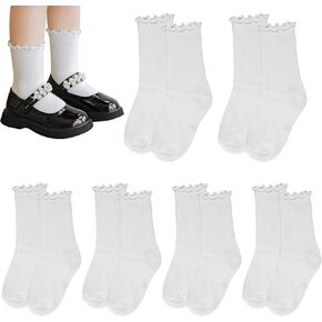 Baby Girls Ruffle Socks Toddler Girls Frilly Crew Dress Socks Cotton Turn Cuff Dance Socks School Uniform Socks