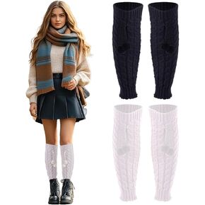 Leg Warmers Black Leg Warmers White Leg Warmers, 2 Pack Knit Leg Warmers Kawaii Leg Warmer Socks Knee High Leg Warmers for Women Winter Dance Office