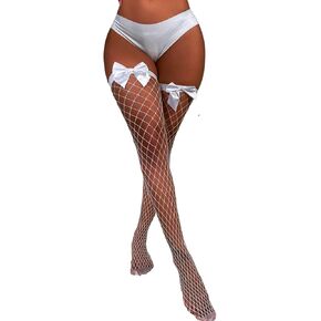Women's Black Bowknot Fishnet Over Knee Thigh High Stockings, Long Tube Socks