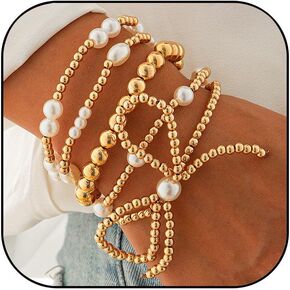 Gold Bow Bracelet for Women Gold Beaded Bracelets Bead Ball Pearl Stretch Bracelets Gold Stackable Bracelets Adjustable Gold Bracelet Jewelry for Women