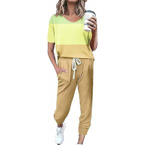 OCEANLUX Women's Sweatsuit Set Casual 2 Piece Pajamas Color Block Short Sleeve Top Long Pant Set Jogger Travel Tracksuits
