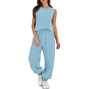 Fisoew Womens Summer Sweatsuits 2 Piece Outfits Sleeveless Tank Tops Loose Sweatpants Tracksuit Jogger Sets