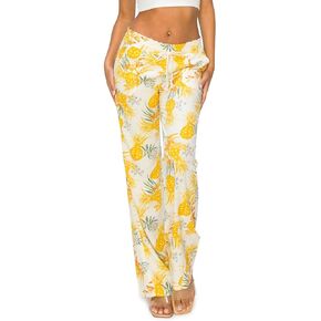 Cali1850 Women's Print Linen Pants - 32" Inseam Oceanside Drawstring Smocked Waist Casual Lounge Beach Trousers with Pockets