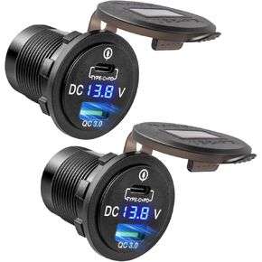 Anina 2PCS Car Charger Socket 18W USB A 36W PD USB C 12V/24V Charger Socket Reverse Protection Waterproof with Voltmeter USB Socket for Car RV Boat Marine Truck Automotive Motorcycle
