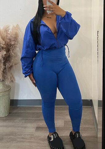 طقم نسائي للتمرين مكون من قطعتين سترات كاجوال بأكمام طويلة مع سحاب، سروال ضيق عالي الخصر، ملابس رياضية in Kuwait