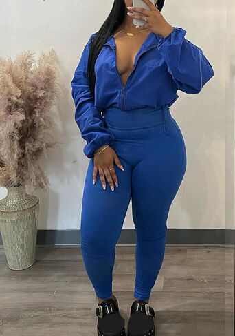 طقم نسائي للتمرين مكون من قطعتين سترات كاجوال بأكمام طويلة مع سحاب، سروال ضيق عالي الخصر، ملابس رياضية in Kuwait