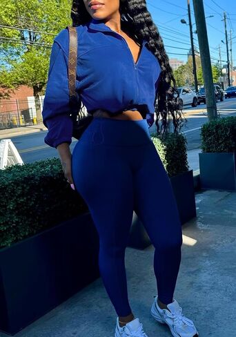 طقم نسائي للتمرين مكون من قطعتين سترات كاجوال بأكمام طويلة مع سحاب، سروال ضيق عالي الخصر، ملابس رياضية in Kuwait