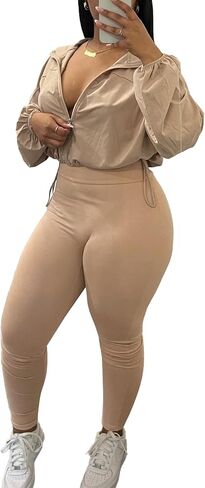 Women Workout 2 Piece Sets Casual Long Sleeve Zip Up Jackets Elastic High Waisted Leggings Clubwear Tracksuit in Saudi Arabia