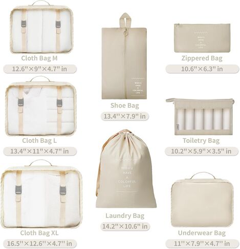 GRANNY SAYS 8 Set Beige Packing Cubes for Carry on Suitcase, Travel Bags Organizer for Luggage, Suitcase Organizer Bags Set, Travel Packing Cubes Luggage Organizer, Travel Essentials Travel Bag in Saudi Arabia