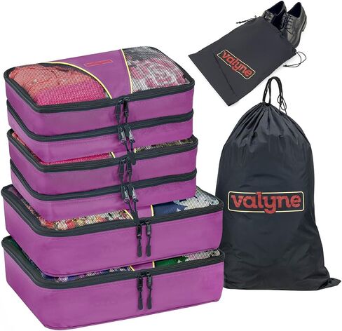 Valyne Mesh Nylon 6-pcs Packing Cubes Set, Travel Accessories Luggage Organizer Bags with Laundry Shoe Bag (Medium Packs Double Compartment) (Purple) in Saudi Arabia