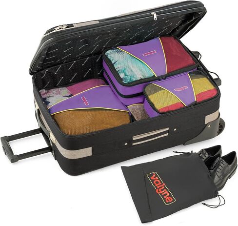 Valyne Mesh Nylon 6-pcs Packing Cubes Set, Travel Accessories Luggage Organizer Bags with Laundry Shoe Bag (Medium Packs Double Compartment) (Purple) in Saudi Arabia