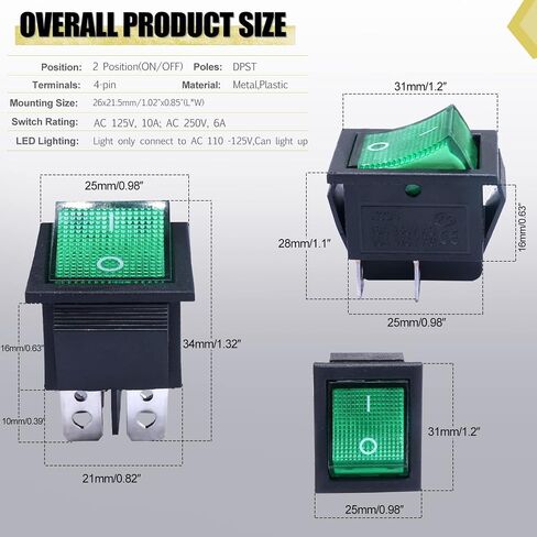 Twidec/2Pcs Rocker Switch 4 Pins 2 Position ON/Off AC 10A/125V 6A/250V DPST Car Boat Black KCD4 Rocker Switch Toggle KCD2-201 in Saudi Arabia