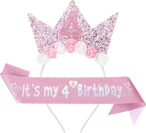 YARIEW 4th Birthday Decorations for Girls, 4th Birthday Headband and Glitter Birthday Sash Kit, Birthday Tiara Flower Princess Crown Headband It's My Birthday Sash Birthday Girl Outfit in Saudi Arabia