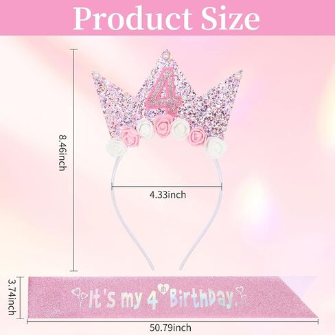 YARIEW 4th Birthday Decorations for Girls, 4th Birthday Headband and Glitter Birthday Sash Kit, Birthday Tiara Flower Princess Crown Headband It's My Birthday Sash Birthday Girl Outfit in Saudi Arabia