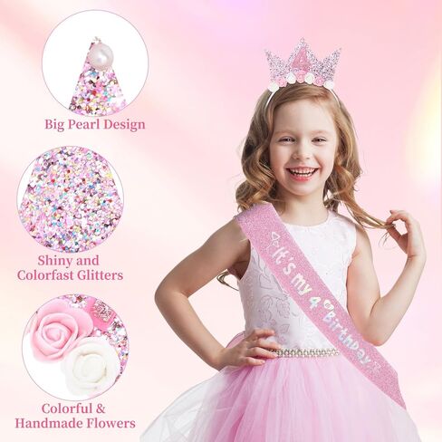 YARIEW 4th Birthday Decorations for Girls, 4th Birthday Headband and Glitter Birthday Sash Kit, Birthday Tiara Flower Princess Crown Headband It's My Birthday Sash Birthday Girl Outfit in Saudi Arabia