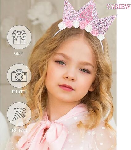 YARIEW 4th Birthday Decorations for Girls, 4th Birthday Headband and Glitter Birthday Sash Kit, Birthday Tiara Flower Princess Crown Headband It's My Birthday Sash Birthday Girl Outfit in Saudi Arabia