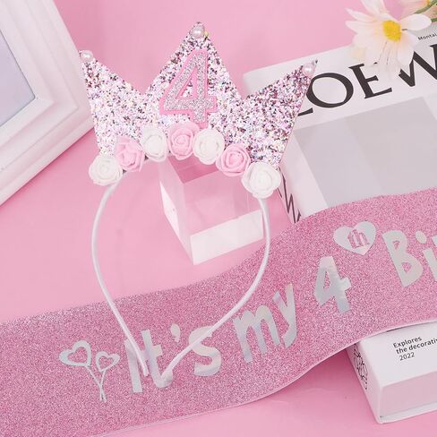 YARIEW 4th Birthday Decorations for Girls, 4th Birthday Headband and Glitter Birthday Sash Kit, Birthday Tiara Flower Princess Crown Headband It's My Birthday Sash Birthday Girl Outfit in Saudi Arabia
