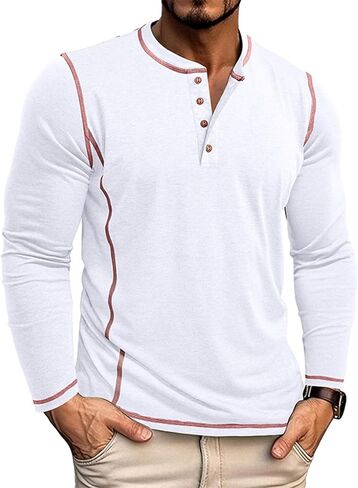 Mens Henley Shirts Casual Long Sleeve Button T-Shirts Basic Slim Fit Lightweight Tops in Kuwait