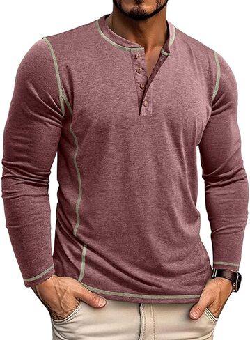 Mens Henley Shirts Casual Long Sleeve Button T-Shirts Basic Slim Fit Lightweight Tops in Saudi Arabia