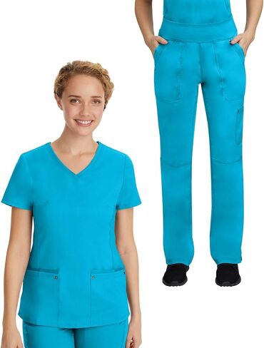 مجموعة فرك الأيدي العلاجية للنساء مع 7 جيوب، توب فرك برقبة على شكل حرف V 2245 وبنطال فرك حزام خصر محبوك 9133، تركواز - توب XL/بنطال XL in Kuwait