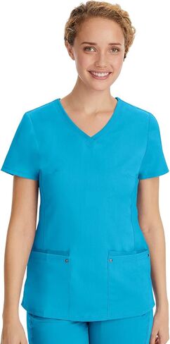 مجموعة فرك الأيدي العلاجية للنساء مع 7 جيوب، توب فرك برقبة على شكل حرف V 2245 وبنطال فرك حزام خصر محبوك 9133، تركواز - توب XL/بنطال XL in Kuwait