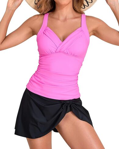 HEYTALALA Tankini Swimsuit for Women 2 Piece Tummy Control Bathing Suits with Swim Skirt Ruched Tankini Tops Swimwear in Saudi Arabia