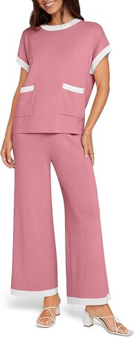 UEU Women 2 Piece Outfits Lounge Set Short Sleeve Knit Tops Wide Leg Pants Matching Loungewear Color Block Sweater Set in Saudi Arabia