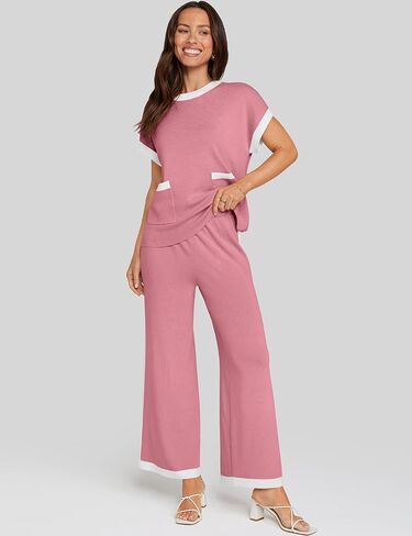 UEU Women 2 Piece Outfits Lounge Set Short Sleeve Knit Tops Wide Leg Pants Matching Loungewear Color Block Sweater Set in Saudi Arabia